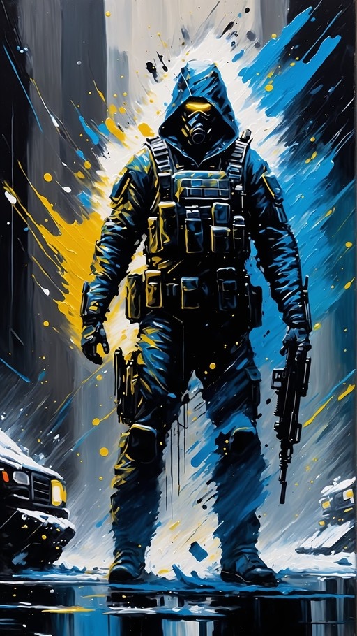 A stylized illustration of a masked tactical figure in a blue hood holding a rifle, set against an abstract background of blue and yellow paint splashes.