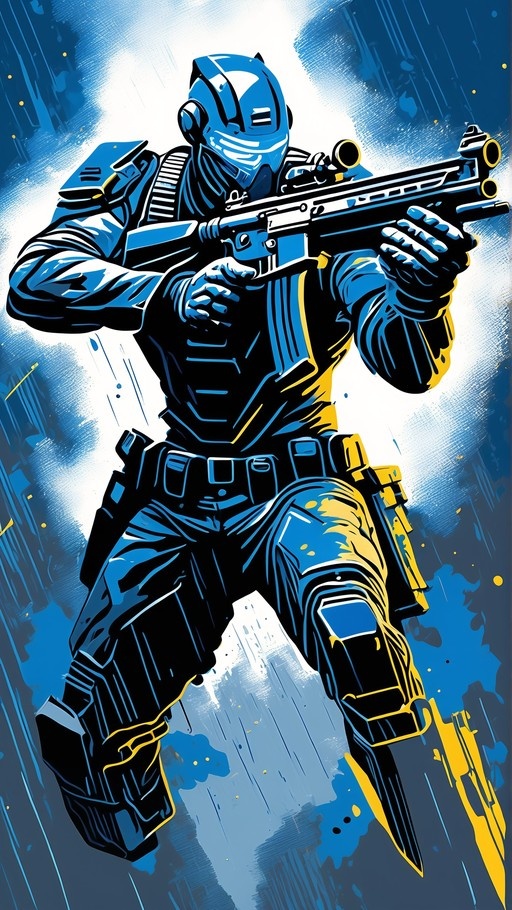 A blue and yellow armored soldier in a western comic style aims an assault rifle while rain falls around him.
