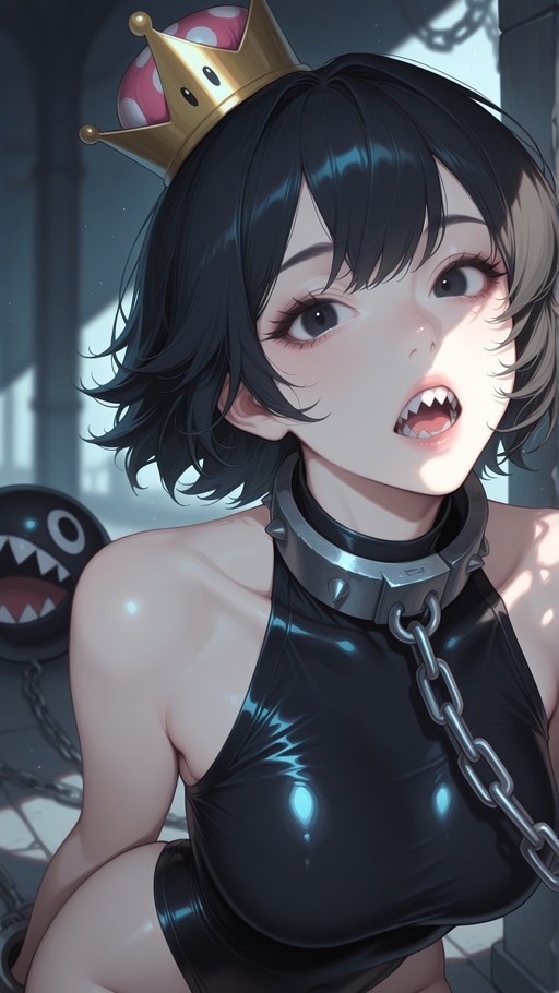 An anime-style illustration of a girl with short black hair and sharp fangs wearing a shiny black leotard, spiked collar, and chain leash, topped with a Boo-themed crown while a floating Boo enemy watches from the background.