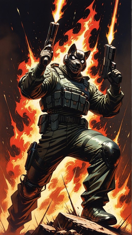 A male furry character wearing a dog mask and tactical vest dual-wields handguns with muzzle flashes against a fiery explosion background in a western comic style.