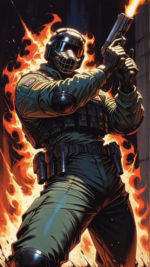 A digital illustration of a tactical operator in full gear firing a handgun amidst flames, rendered in a western comic book style.