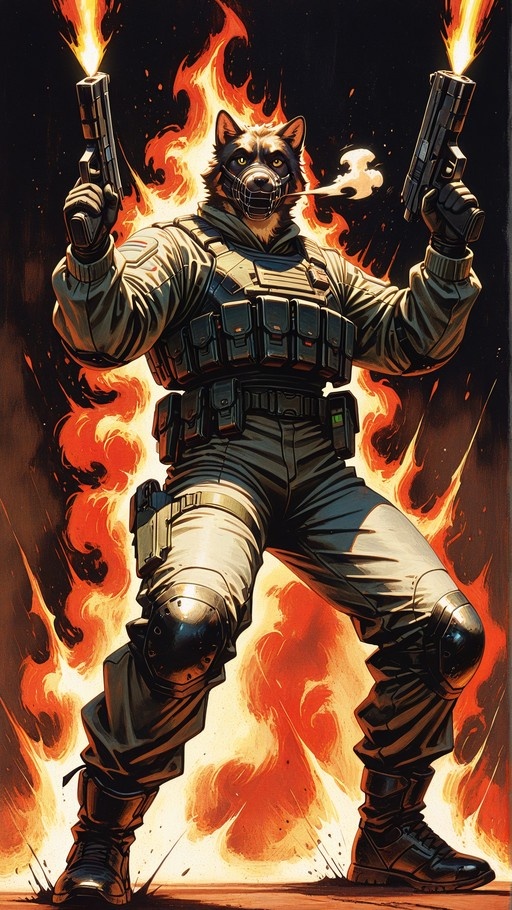 Anthropomorphic dog boy in tactical gear firing two guns with fire background.
