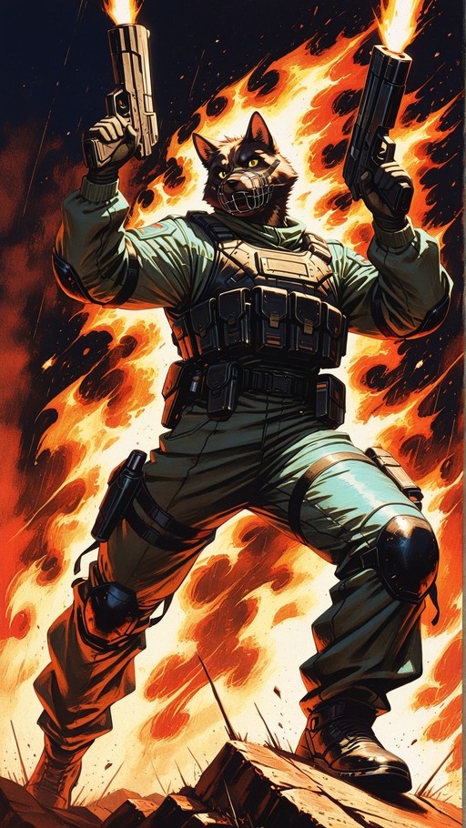 A furry wolf character in green tactical gear and a muzzle fires two handguns amidst a fiery explosion in a western comic book style.