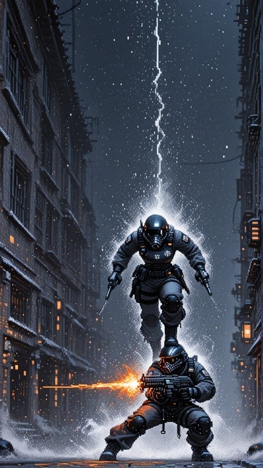 Two pixelated soldiers in a rainy city at night; one crouching and shooting a rifle while the other stands on their shoulders holding two guns under a beam of light.