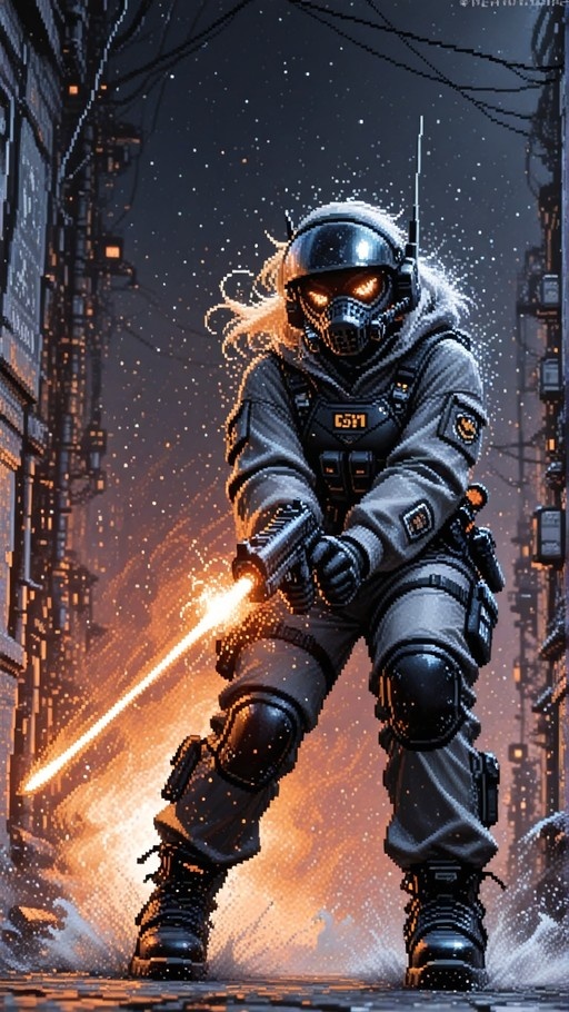 Pixel art illustration of a female tactical officer in a helmet and mask firing a glowing energy weapon in a snowy city street at night.