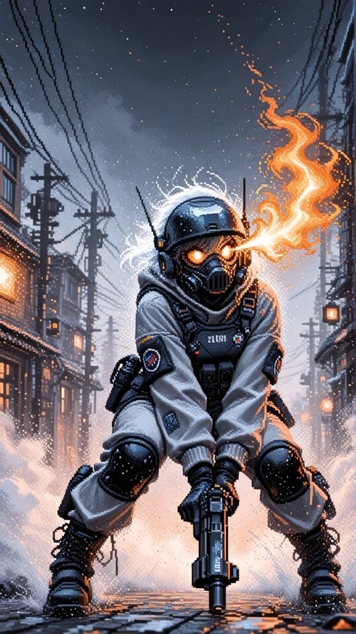 A pixel art illustration of a female police officer in tactical gear and a gas mask with glowing orange eyes holding a gun on a cobblestone street at night.