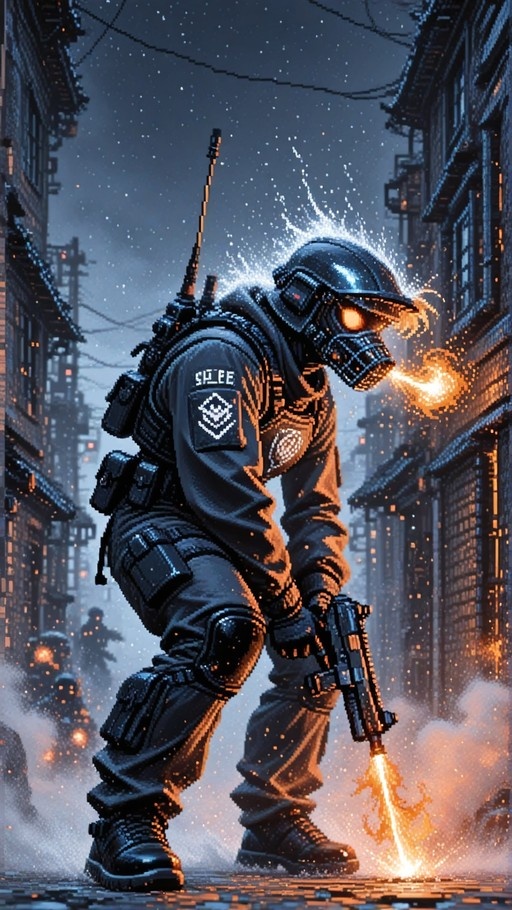 A pixelated image of a tactical officer in a gas mask firing a weapon on a city street at night.