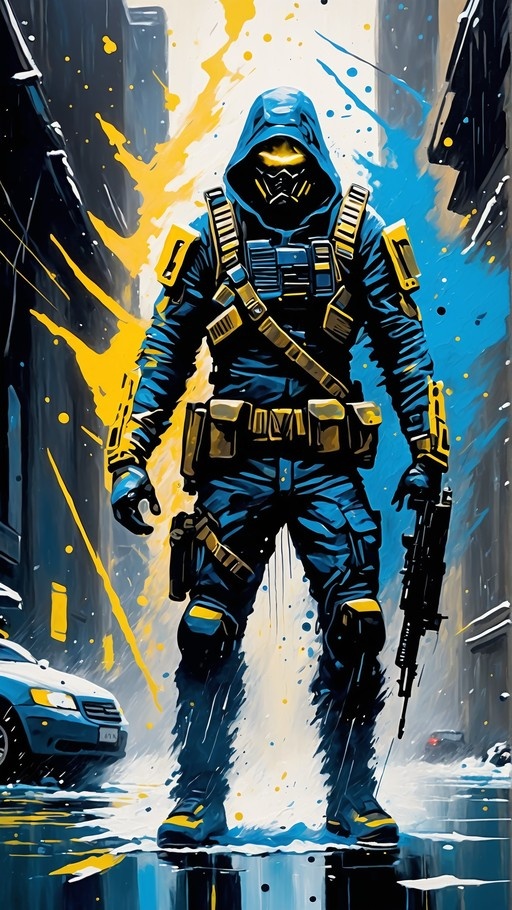 A blue-hooded tactical operative with yellow gear and a glowing mask stands in a snowy city street holding a rifle, rendered in a western comic book style.