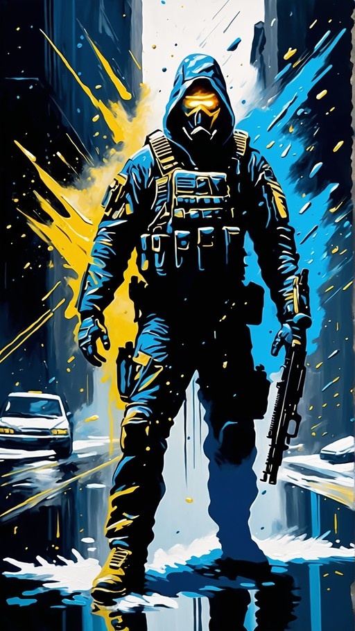 A hooded tactical figure with a glowing yellow visor stands holding a submachine gun on a wet city street, rendered in a high-contrast blue and yellow western comics style.