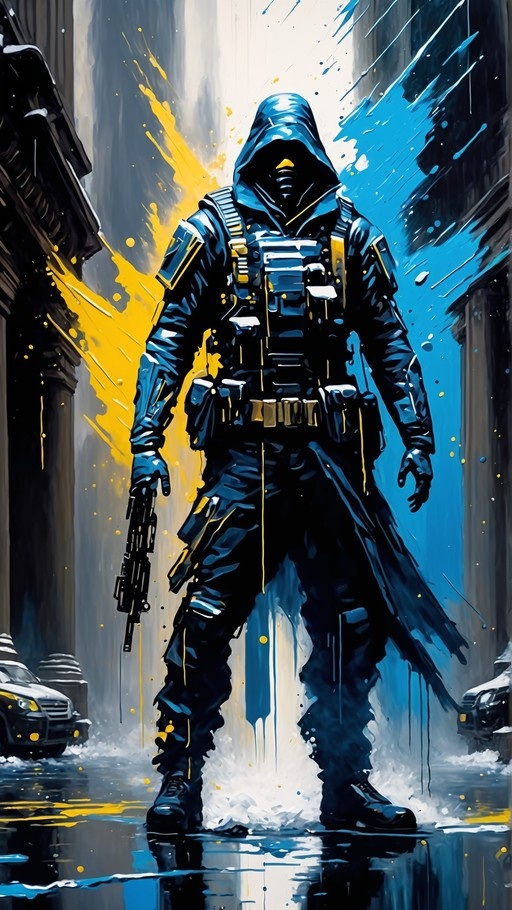 A hooded man in tactical gear holds a rifle while standing on a wet street, illustrated in a bold blue and yellow western comics style.