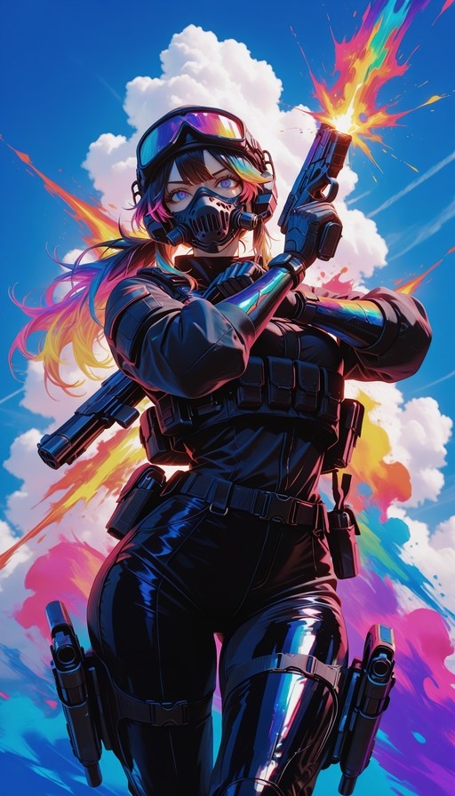 Anime-style illustration of Takanashi Kiara in a black tactical suit and mask firing a handgun against a blue sky with colorful explosions.
