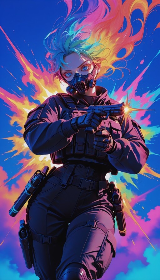 Anime style illustration of a woman with blue and orange hair wearing a gas mask and tactical gear, firing a handgun against an explosion background.