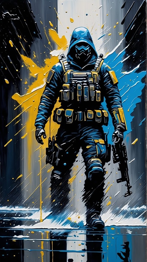 A stylized digital illustration of a male soldier in a blue hooded jacket and mask walking through water while holding a rifle, surrounded by dynamic yellow paint splatters.