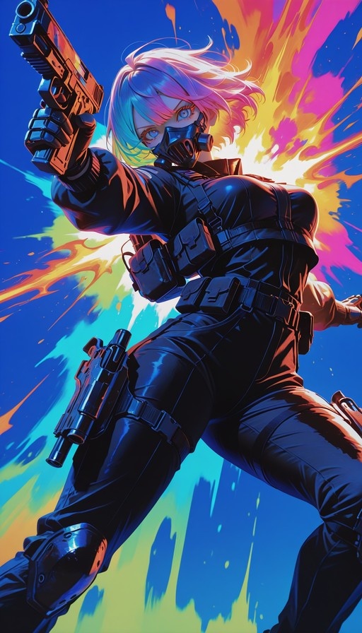 Anime-style female warrior with two-toned pink and blue hair wearing a black tactical outfit and gas mask, holding a large handgun against a colorful explosive background.