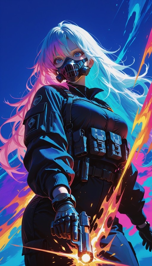 Anime girl with pink and white hair wearing a gas mask and black tactical gear holding a gun