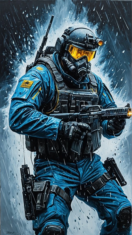 A digital illustration of a male soldier in blue tactical gear and a helmet with a yellow visor holding an assault rifle while standing in the rain.