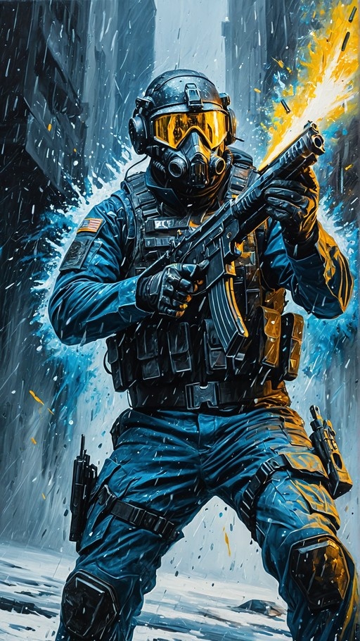 A lone soldier in a blue tactical suit and gas mask fires an assault rifle with a bright yellow muzzle flash against a rainy background.