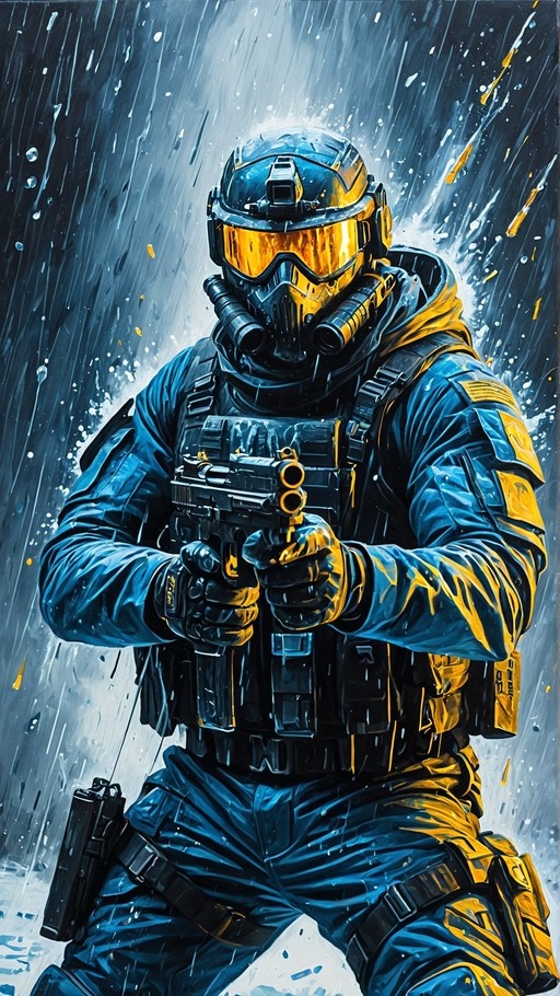 A soldier in blue tactical gear and a helmet with a yellow visor aims a submachine gun in the rain.