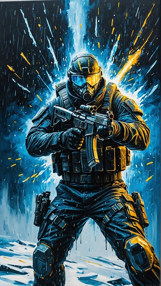 A soldier in full tactical gear and a gas mask holds an assault rifle while standing in heavy blue rain with yellow sparks flying around him.