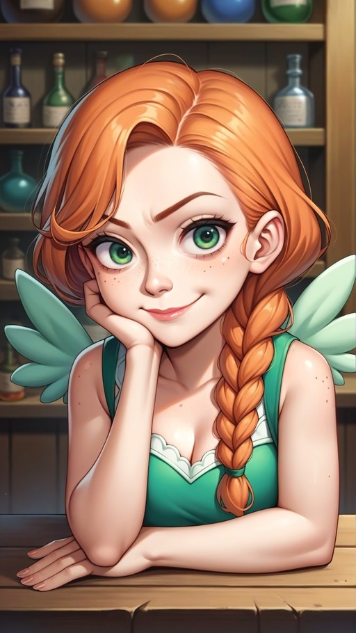 An orange-haired girl with green eyes and small teal wings rests her chin on her hand in a green dress against a background of shelves with bottles.