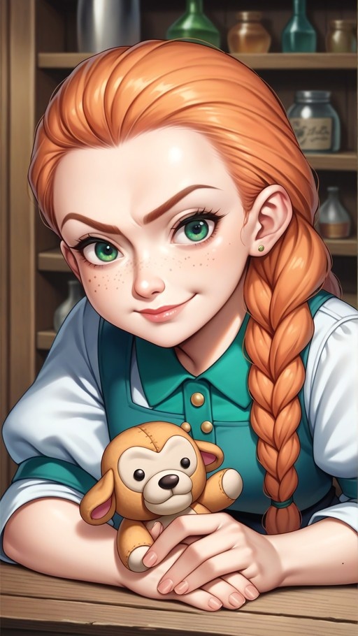 Anna from Frozen leaning on a wooden counter holding a small stuffed animal.