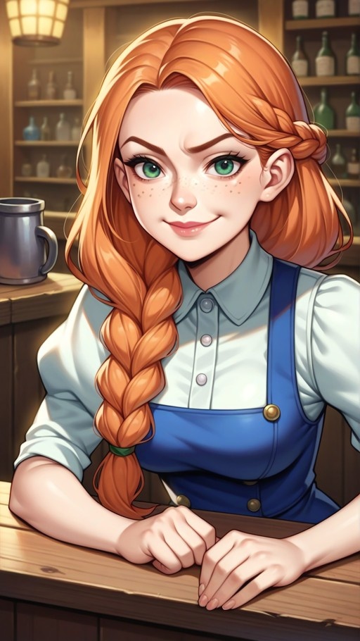 A smiling anime girl with long orange hair in a braid and green eyes leans on a wooden bar counter wearing blue overalls and a white shirt.