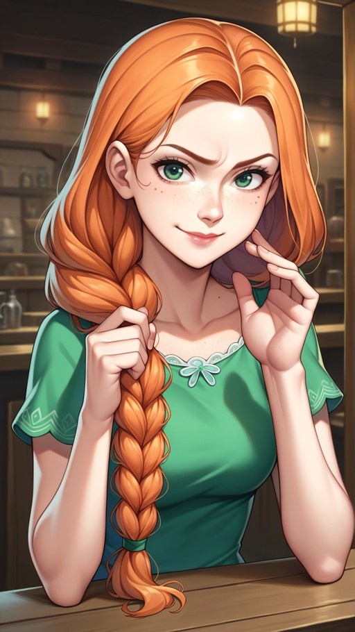 Digital illustration of an orange-haired girl with green eyes and freckles holding her side braid.