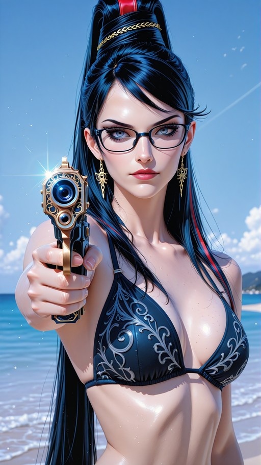 A digital illustration of the video game character Bayonetta wearing a black patterned bikini and glasses while holding an ornate golden gun pointed at the viewer on a sunny beach.