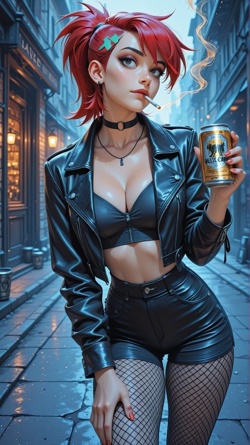 A red-haired woman in a black leather jacket and fishnet stockings smokes a cigarette while holding a gold beer can on a city street.