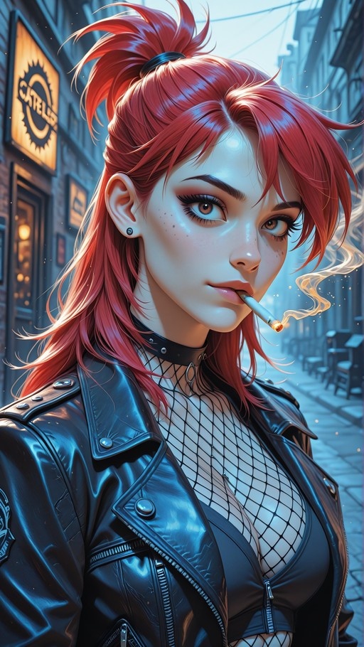 Red-haired woman in leather jacket and fishnet top smoking a cigarette on a city street