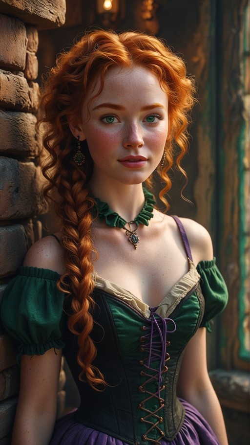 A realistic portrait of a young woman with long red hair in a side braid and green eyes, wearing a green medieval corset and leaning against a stone wall.