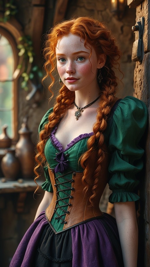 A young woman with long red hair in twin braids and freckles wears a green medieval-style dress with a brown leather corset while standing indoors near a stone wall.