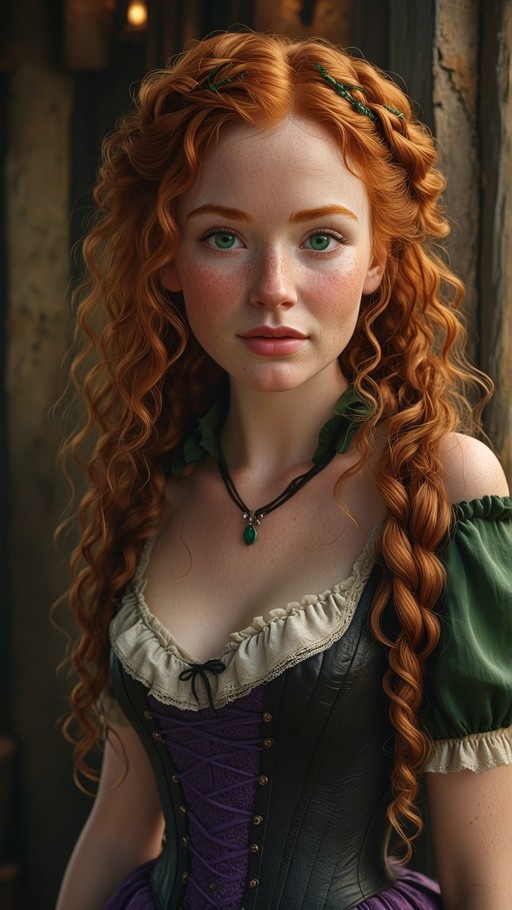Realistic portrait of a freckled young woman with long curly red hair and green eyes. She wears a medieval-style outfit with a purple laced bodice, green sleeves, and a necklace with a green pendant.