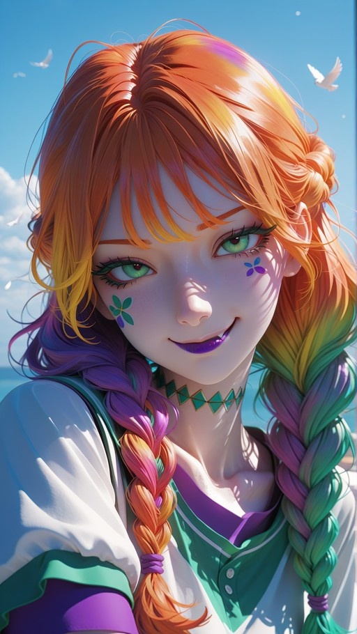 Close-up of an anime girl with long, multicolored braided hair in orange and purple tones. She has green eyes, purple lips, flower tattoos on her cheeks, and a small fang, smiling against a blue sky with birds.