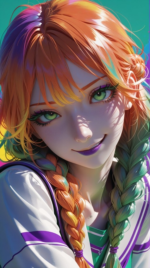 Close-up portrait of an anime girl with multicolored twin braids and green eyes wearing a white sailor shirt.