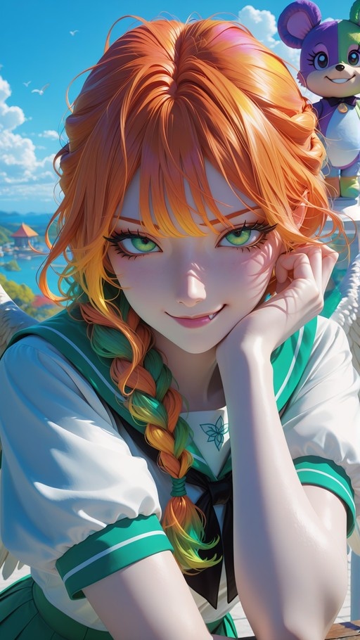 Smiling anime girl with orange and green gradient hair in a sailor uniform outdoors