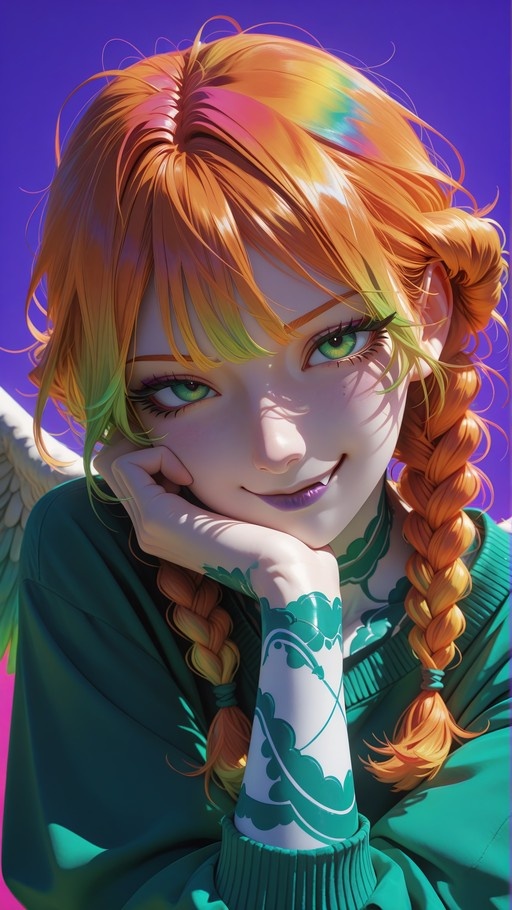 Anime-style portrait of a girl with orange twin-braided hair and green eyes, wearing a green sweater and white wings, resting her chin on her hand.