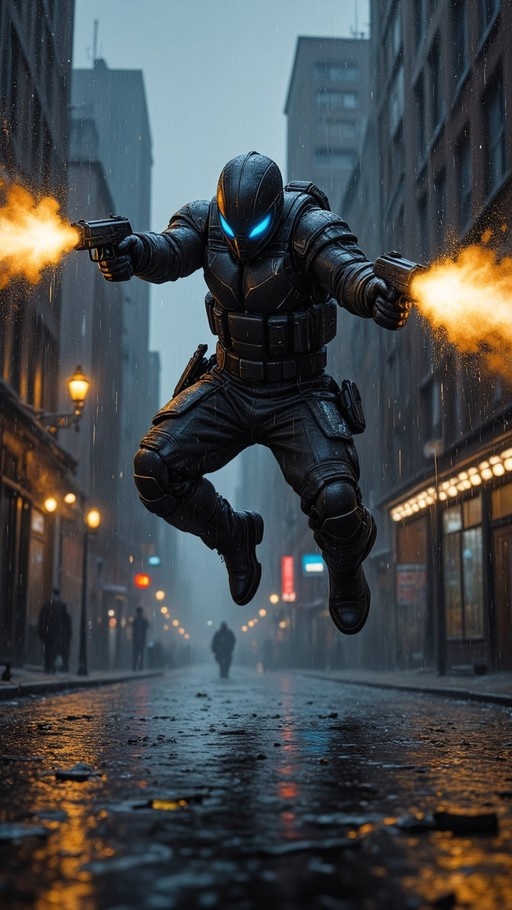 A soldier in black armor with a glowing blue visor jumps through the air on a wet city street while firing two guns.