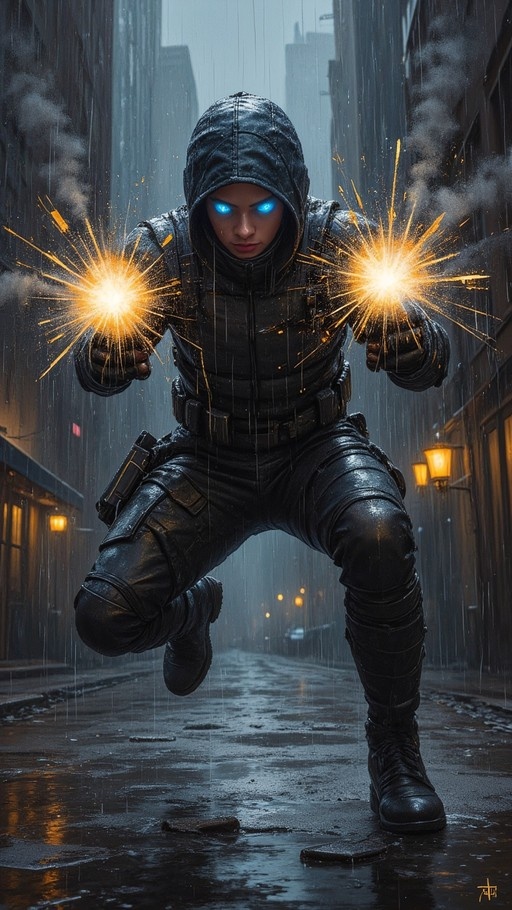A female operative in a black hooded tactical suit leaps through a rainy street, firing dual pistols with bright sparks while her eyes glow blue.