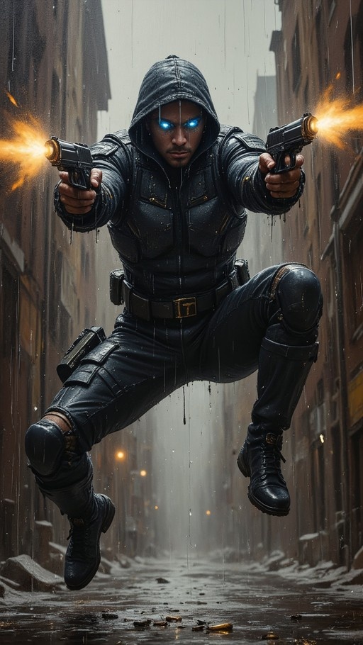 A hooded man in a black tactical suit jumps mid-air in a rainy alley while dual-wielding and firing handguns with glowing blue eyes.