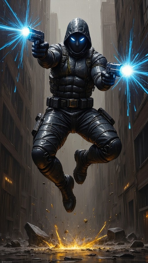 A masked figure in black tactical gear jumps through a rainy alley firing two handguns with bright blue energy blasts.
