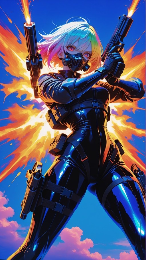 Anime girl in a shiny black bodysuit and respirator mask dual-wielding firing pistols against an explosive background.
