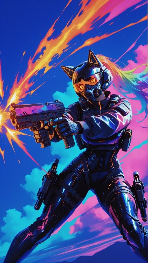 A female warrior with rainbow hair and a cat-eared helmet fires a handgun against a vibrant blue sky.