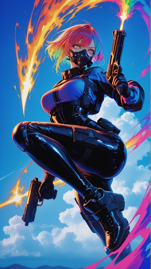 Anime girl with multicolored hair and a gas mask dual-wielding handguns in mid-air against a blue sky.