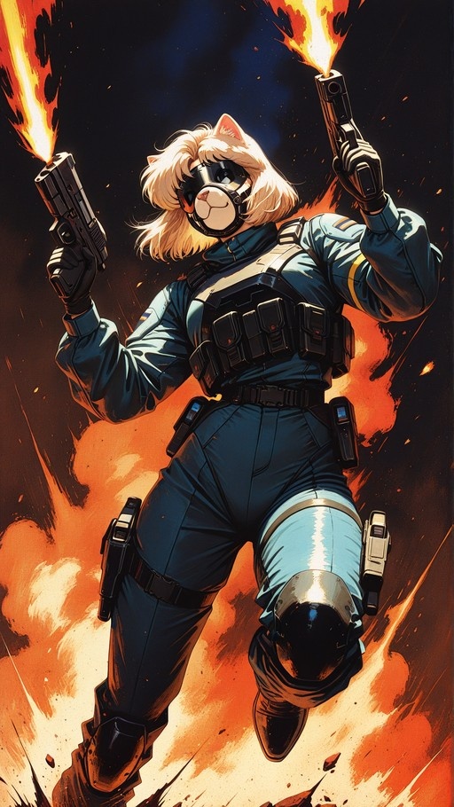 Blonde cat girl in blue tactical suit firing two guns with explosions behind her