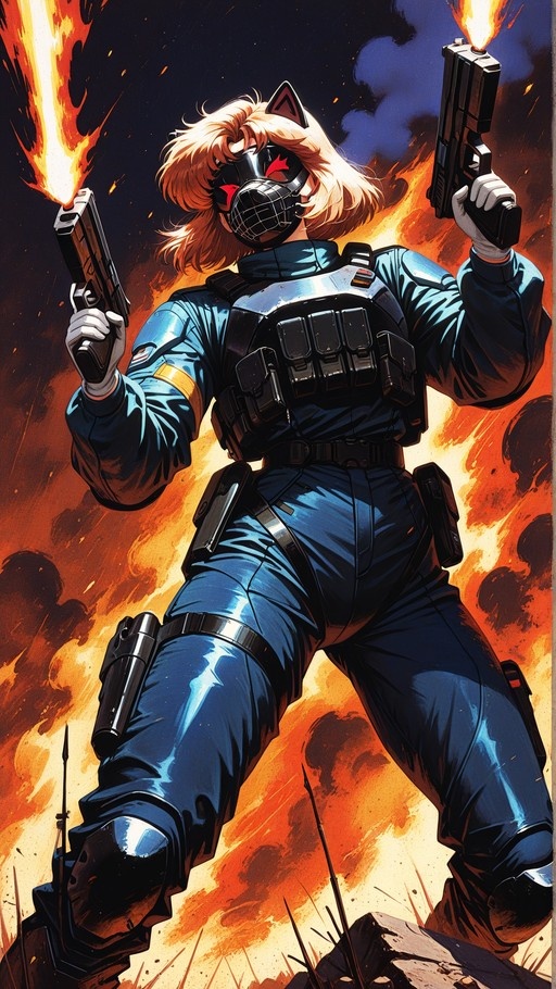 A blonde cat-eared woman in a blue tactical suit and black mask fires two handguns with muzzle flashes against a fiery background.