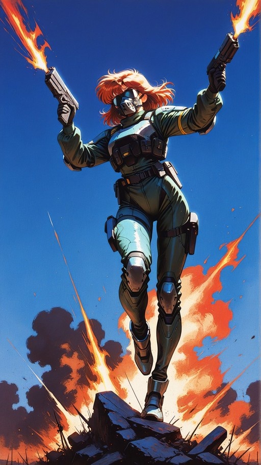 A digital illustration of an orange-haired woman in a green tactical suit and gas mask jumping while firing two handguns amidst explosions under a blue sky.