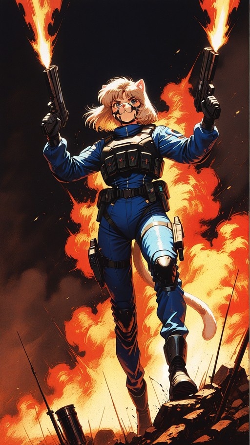 A blonde cat-eared woman in a blue tactical suit fires two pistols while standing on rubble with a large explosion behind her.