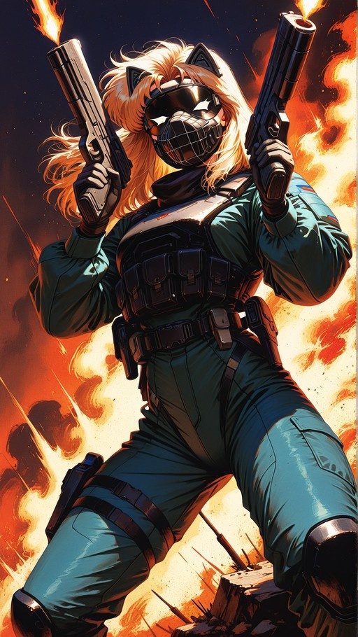 Blonde anime girl with cat ears firing dual guns in front of explosions.