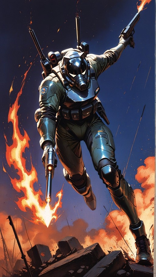 A futuristic soldier in green armor leaps through the air while dual-wielding firing handguns amidst flames.